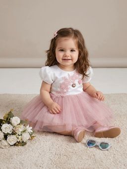 Blabber - Pink Woven Sleeveless Floral Applique Embroidery Frock With Booties