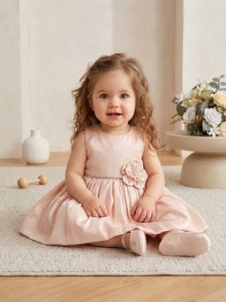 Blabber - Beige Woven Sleeveless Flower Applique Detailing Frock With Booties