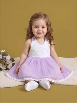 Blabber - Woven Sleeveless Floral Embroidery Detailing Frock With Booties