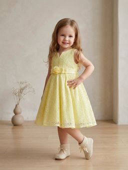 Blabber - Yellow Self Design Sleeveless Party Dress