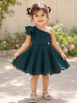 The Magic Wand - Green Woven Embellished Strap Solid Party Dress