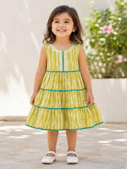 The Magic Wand - Cambric Cotton Woven Sleeveless Abstract Printed Laced Tiered Dress