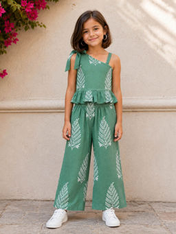 The Magic Wand - Green Cambric Cotton Woven One Shoulder Buta Printed Co-Ord Set