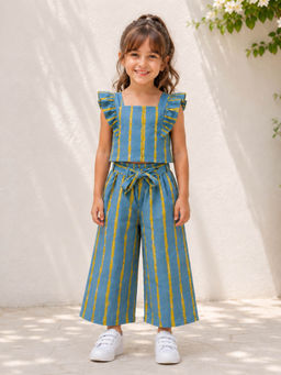 The Magic Wand - Blue Cotton Woven Ruffle Sleeves Striped Co-Ord Set