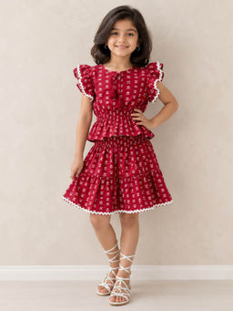 The Magic Wand - Red Cotton Woven Half Sleeves Floral Printed Laced Peplum Top With Skirt