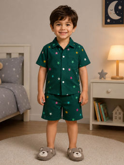 The Magic Wand - Double Gauge Cotton Woven Half Sleeves Stars Printed Shirt With Shorts