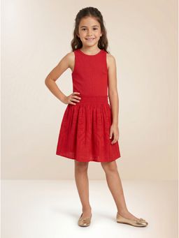 ZONE - Girls Scarlett Red Self Design Cotton Sleeveless Midi Dress