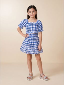 ZONE - Polly Girls Blue Checked Embroidered Cotton Co-Ord Set