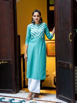 WEAVLLITE - Blue Chinon Lace Work Kurta