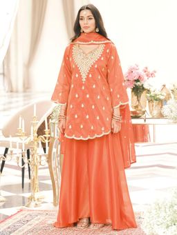 Indo Era - Orange Embroidered A-Line Kurta With Palazzo & Dupatta