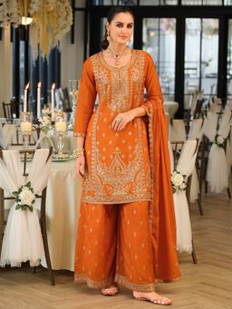 Indo Era - Orange Embroidered Straight Kurta With Palazzo & Dupatta