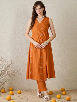 Indo Era - Orange Embroidered A-Line Kurta & Pant
