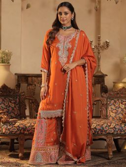 Indo Era - Orange Embroidered Straight Kurta With Palazzo & Dupatta