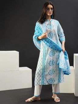 Indo Era - Off White Printed Straight Kurta With Pant & Dupatta