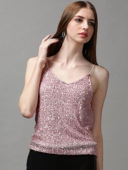 SHOWOFFFF - Women's Sequinned Stripes Shoulder Straps Pink Blouson Top