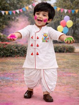 Vastramay - Boys White Cotton Angrakha Kurta with Dhoti Happy Holi Print