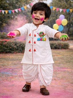 Vastramay - Boys White Cotton Angrakha Kurta with Dhoti Holi Fest Print