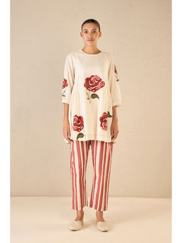 Shivani Bhargava - Off White Royal Rose Tunic with Striped Pant (Set of 2)