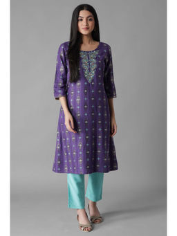 Aurelia - Purple Embroidered Mughal Print A Line Kurta Trousers (Set of 2)