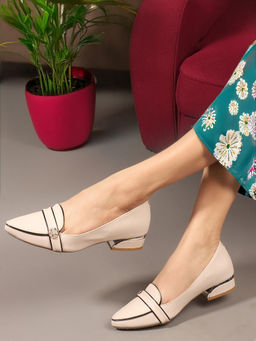 Carlton London - Cream Pointed Toe Block Heel Women Pumps