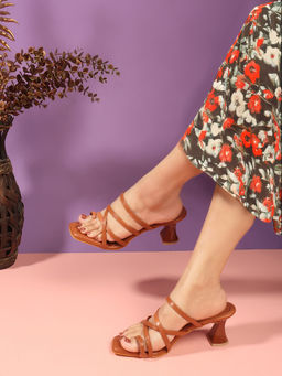 Carlton London - Tan One Toe Block Heel Sandals for Women