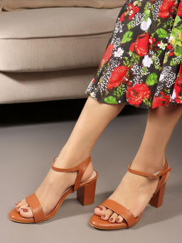 Carlton London - Tan Round Toe Block Heel Sandals for Women