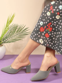 Carlton London - Grey Pointed Toe Block Heel Mules for Women