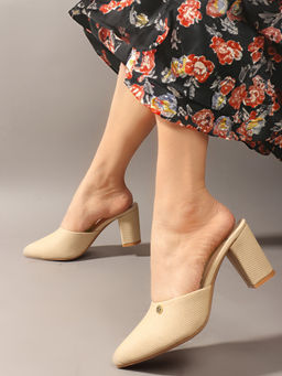 Carlton London - Beige Pointed Toe Block Heel Mules for Women