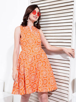 KASSUALLY - Orange Printed A-line Dress