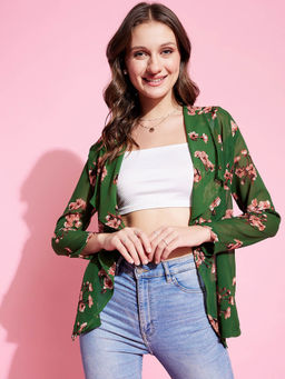 KASSUALLY - Green Floral Printed Open Front Shrug