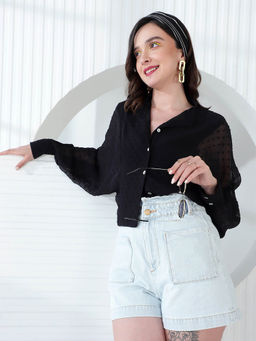 KASSUALLY - Black Semi Sheer Self Design Mandarin Collar Dobby Casual Shirt