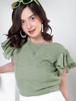 KASSUALLY - Green Flutter Sleeves Pure Cotton Crop Top