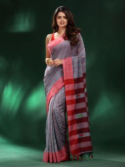 CHARUKRITI - Grey Handspun Cotton Handwoven Saree with Unstitched Blouse