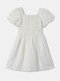 R&B - White Self Design Knee Length Dress