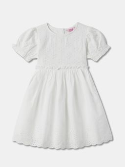 R&B - White Self Design Knee Length Dress