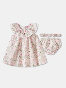 R&B - Ivory Printed Baby Dresses and Frocks Dress, Bloomer, Hairband