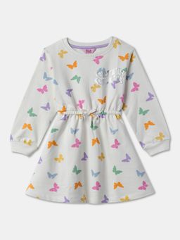 R&B - White Printed Knee Length Dress