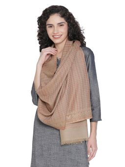 Shingora - Beige Wool Blend Jacquard Striped Fringed Stole for Women