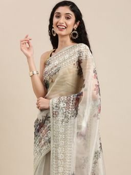 Vastranand - Cream-Coloured & Pink Floral Organza Saree with Unstitched Blouse
