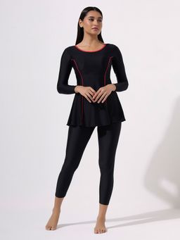 LYCOT - Women Black Nylon Curve Swim Dress with Attached Tights