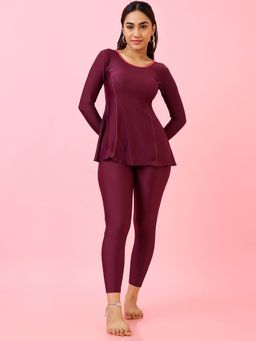 LYCOT - Women Wine Nylon Curve Swim Dress with Attached Tights
