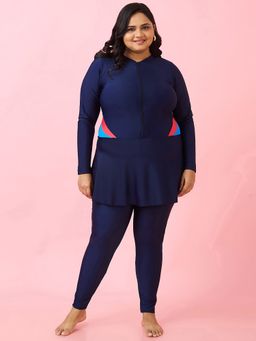 LYCOT - Women Navy Blue Nylon Full Coverage Zip Swim Dress with Attached Tights