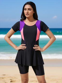 LYCOT - Women Black Colorblock Swim Dress with Attached Shorts
