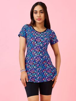 LYCOT - Women Blue Nylon Abstract Triangles Printed Swim Dress with Attached Shorts