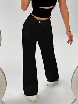 Angelfab - Women Denim Black Mid Waist Wide No Fade Jeans