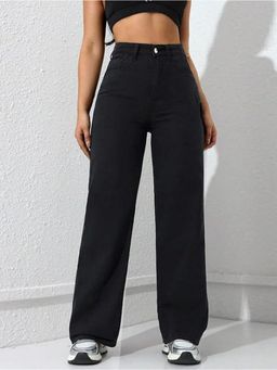 Angelfab - Women Denim Black High Waist Wide No Fade Jeans