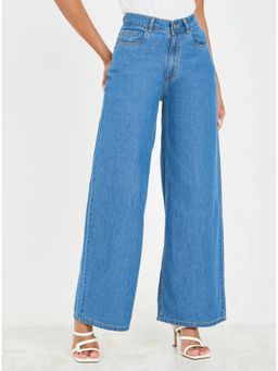 Angelfab - Women Denim Blue Mid Waist Wide No Fade Jeans
