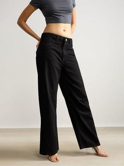 Angelfab - Women Denim Black Mid Waist Wide No Fade Jeans