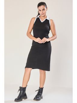 Urban Sundari - Women Black Cotton Sleeveless Plain Knee Length Dress