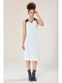 Urban Sundari - Women White Cotton Sleeveless Plain Knee Length Dress